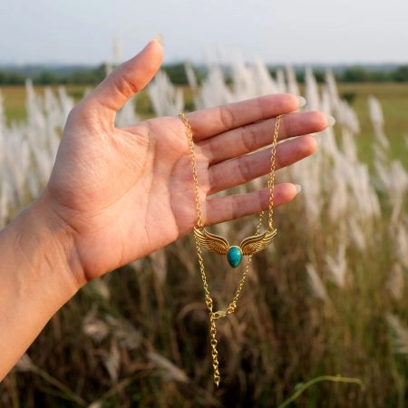Turquoise gemstone pedant Necklace, Brass 22k gold plated jewelry